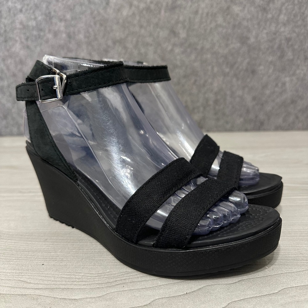 Crocs Leigh II Wedge Sandals Womens Sz 8 Black Ankle Strap Buckle Comfort 11382